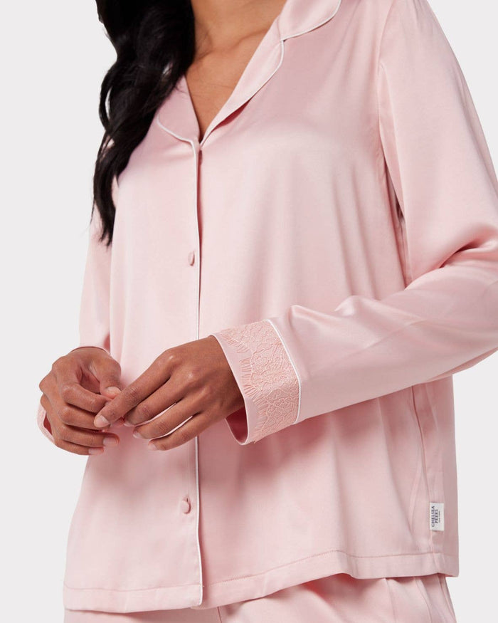 Chelsea Peers -Satin Lace Trim Long Pyjama Set - Blush Pink