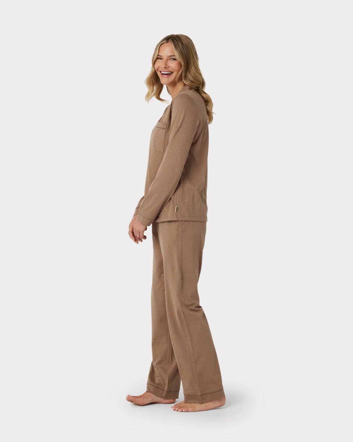 Chelsea Peers - Organic Cotton Soft Chocolate Brown Button Up Long Pyjama Set