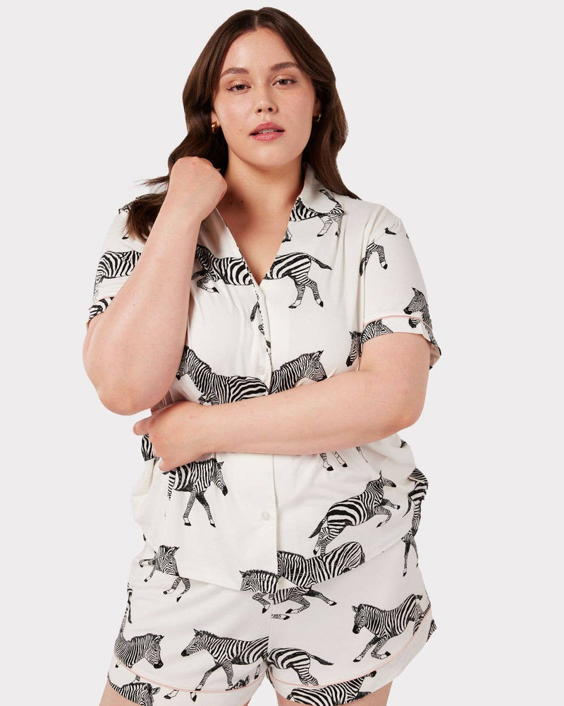 Chelsea Peers - White Zebra Print V-neck Button Up Short Pyjama Set