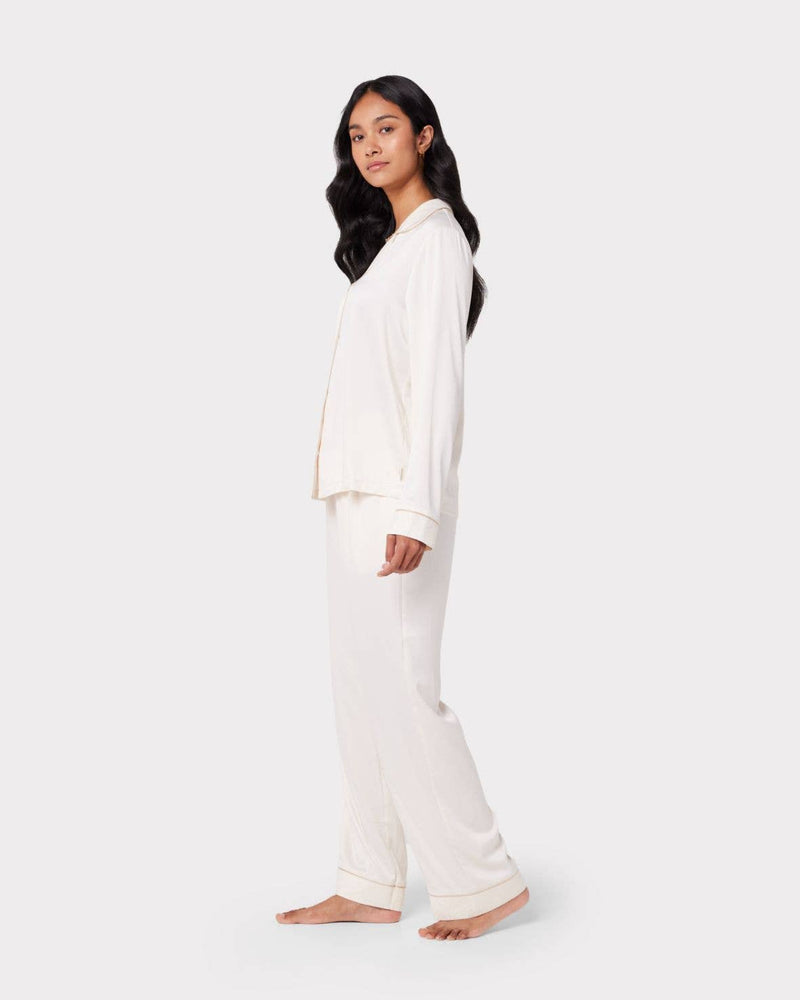 Chelsea Peers - Satin Lace Trim Long Pyjama Set - Ivory / Off White