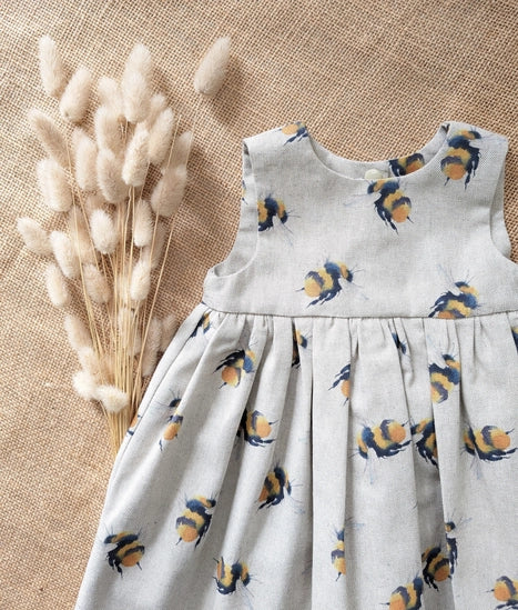 Linen Look Pinafore/ Dress with Bumble Bee Design