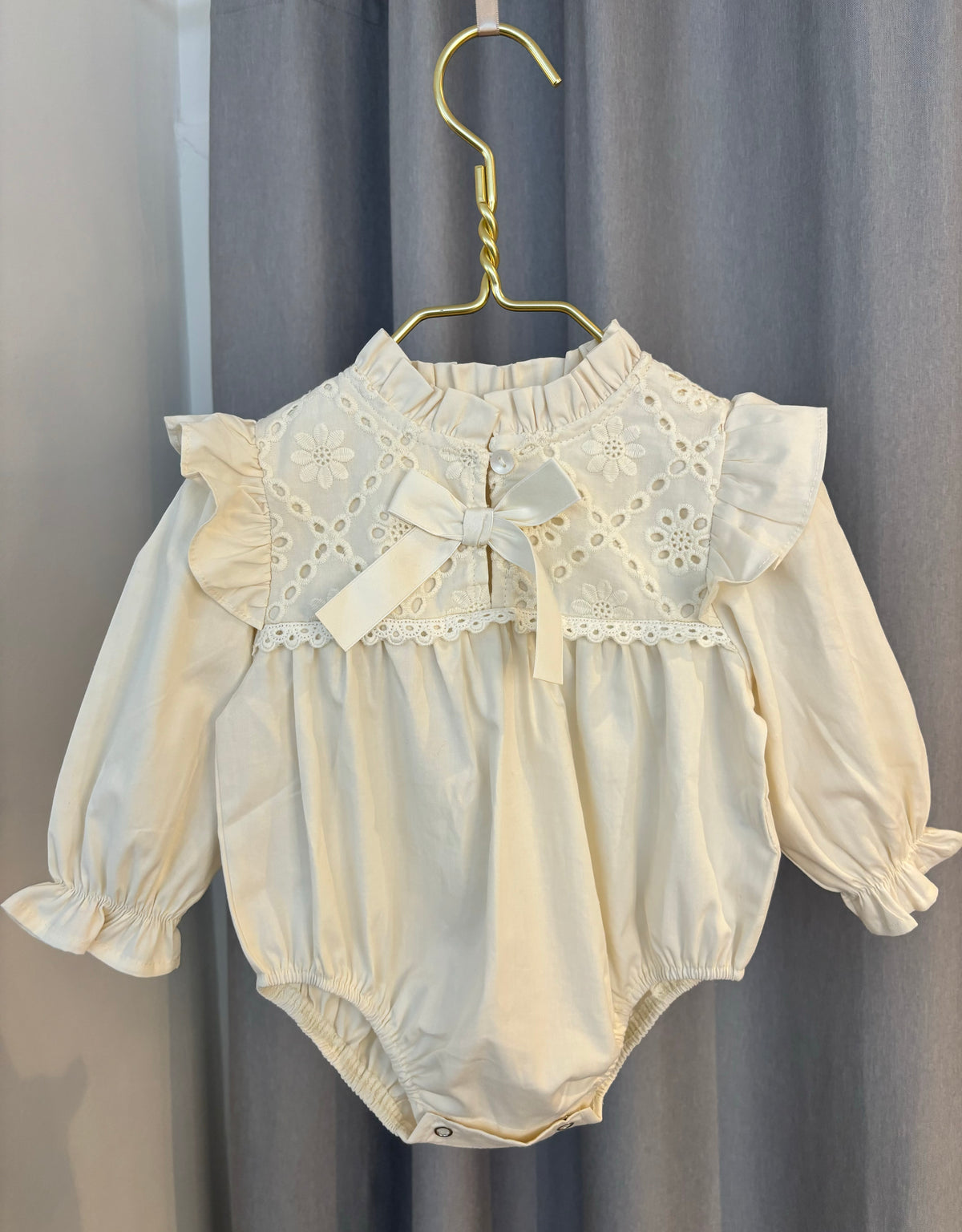 Cream Cotton Romper with Broderie Anglaise and Bow Detail