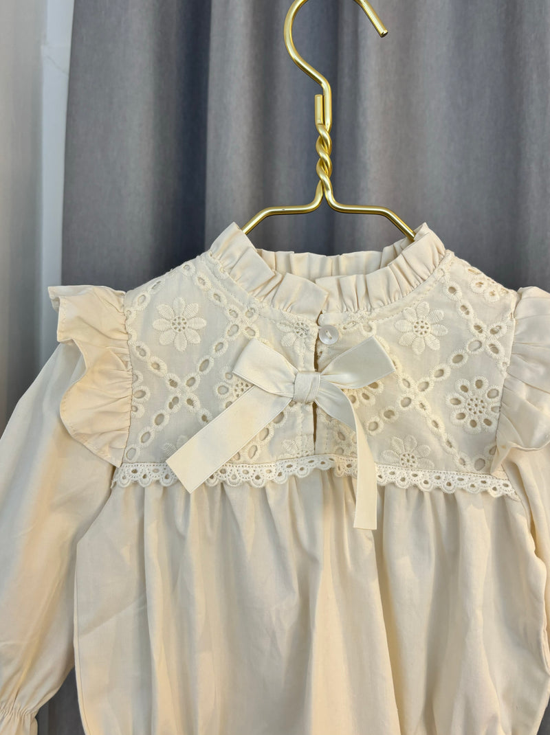 Cream Cotton Romper with Broderie Anglaise and Bow Detail