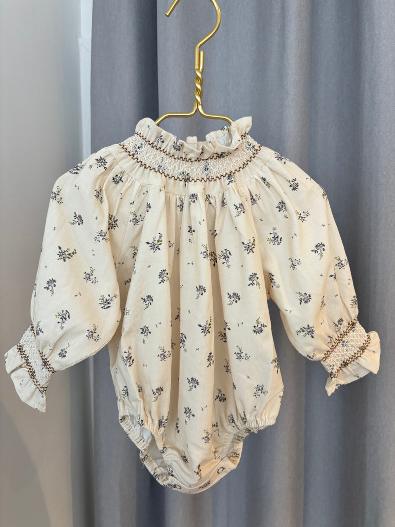 Soft Cotton Corduroy Romper with Smocking and Flower Detail