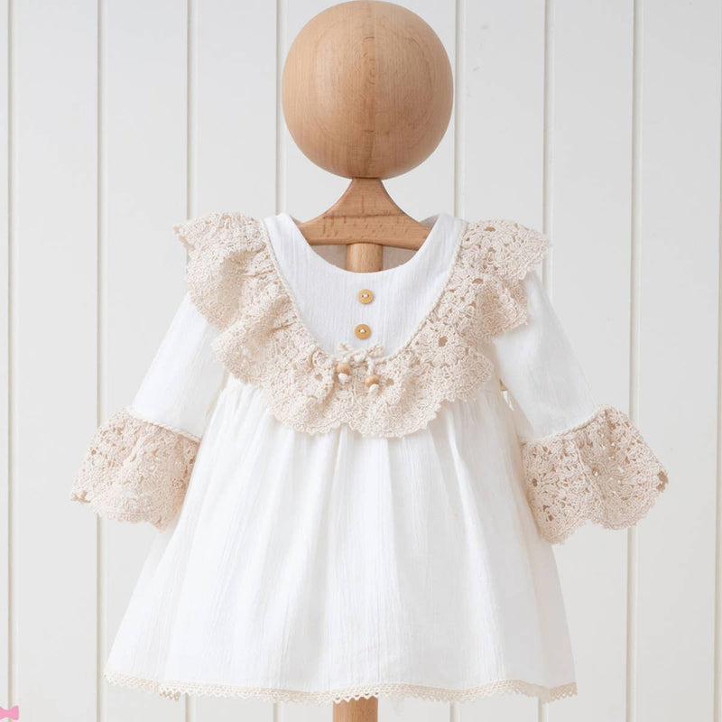 Girls Natural Lace Collar Elegant  Linen Dress