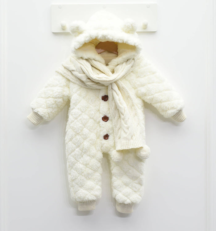 Cuddly Baby Pramsuit / Jumpsuit With Hood and Scarf