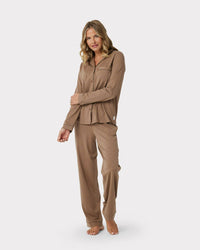 Chelsea Peers - Organic Cotton Soft Chocolate Brown Button Up Long Pyjama Set