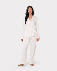 Chelsea Peers - Satin Lace Trim Long Pyjama Set - Ivory / Off White