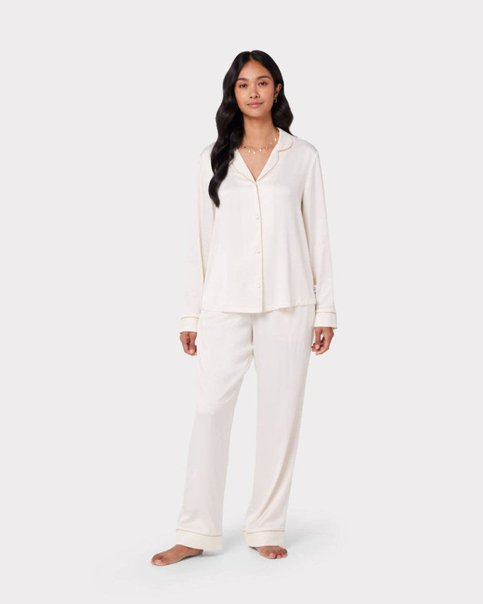 Chelsea Peers - Satin Lace Trim Long Pyjama Set - Ivory / Off White