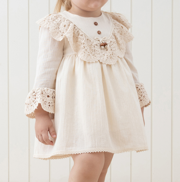 Girls Natural Lace Collar Elegant  Linen Dress